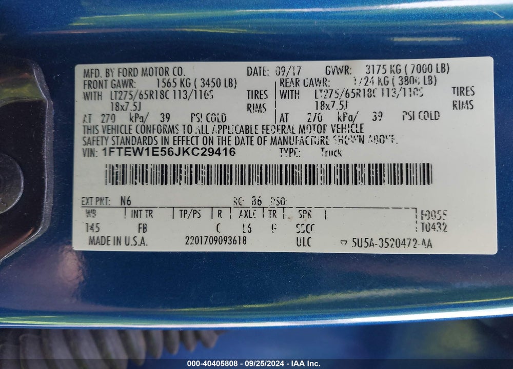 2018 FORD F-150 XLT VIN: 1FTEW1E56JKC29416