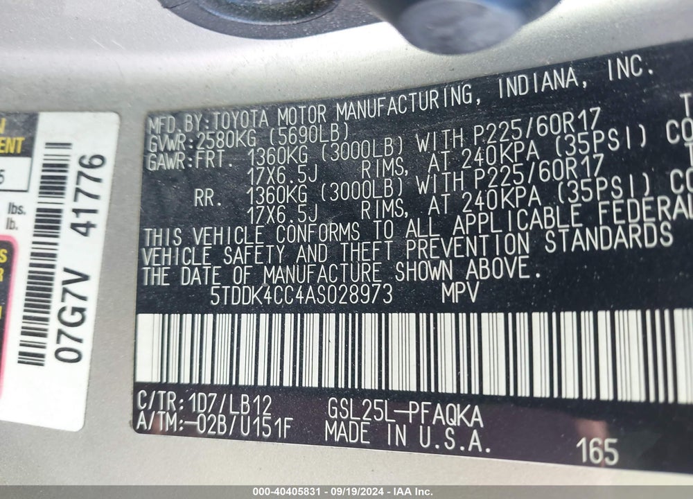 2010 TOYOTA SIENNA XLE VIN: 5TDDK4CC4AS028973