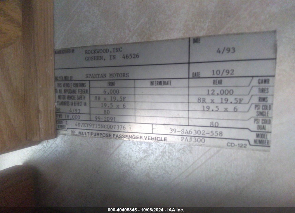 1992 SPARTAN MOTORS MOTORHOME VIN: 4S7KT9T15NC007376