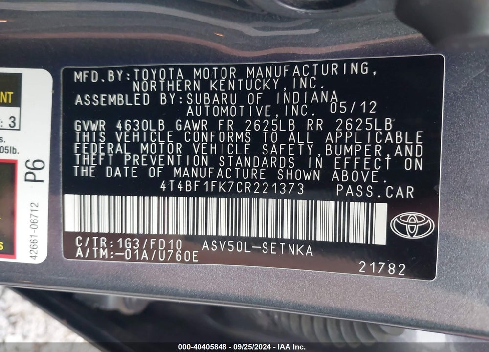 2012 TOYOTA CAMRY LE VIN: 4T4BF1FK7CR221373
