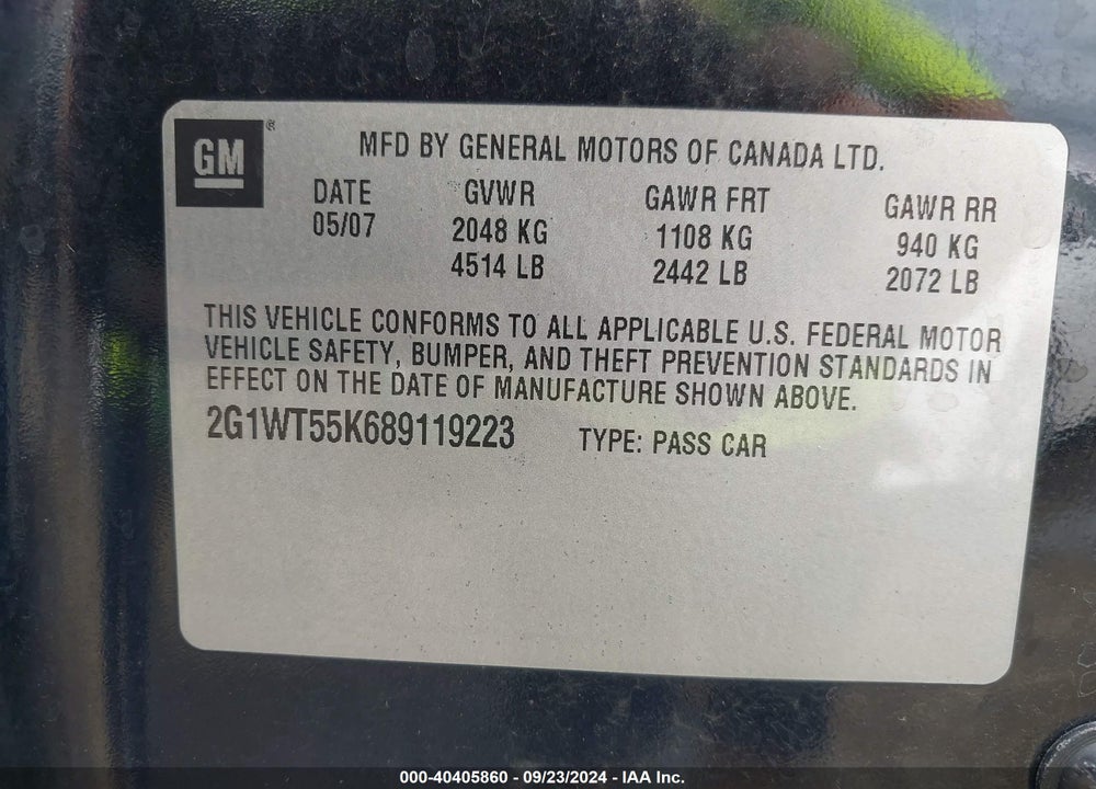 2008 CHEVROLET IMPALA LT VIN: 2G1WT55K689119223