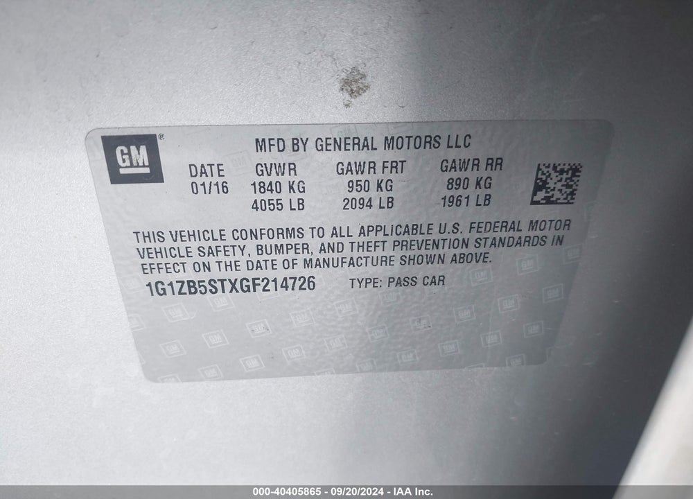 2016 CHEVROLET MALIBU LS VIN: 1G1ZB5STXGF214726