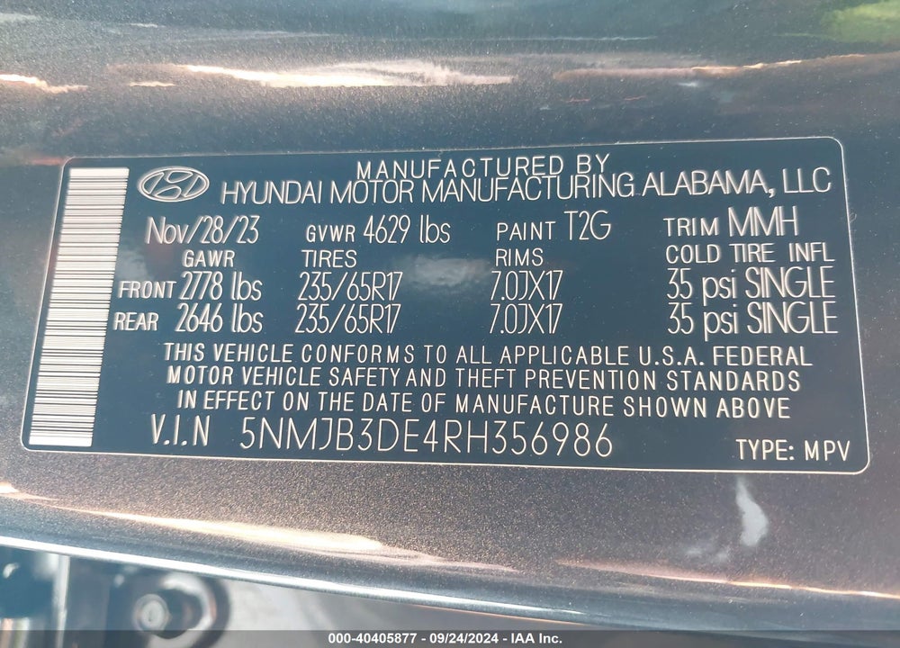 2024 HYUNDAI TUCSON SEL VIN: 5NMJB3DE4RH356986