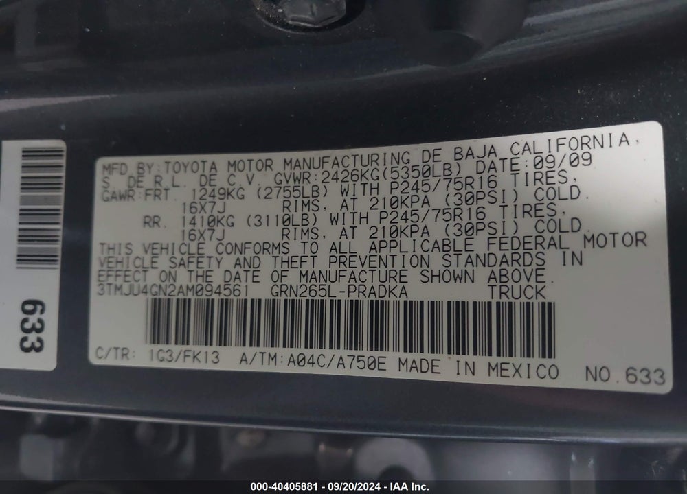 2010 TOYOTA TACOMA PRERUNNER V6 VIN: 3TMJU4GN2AM094561
