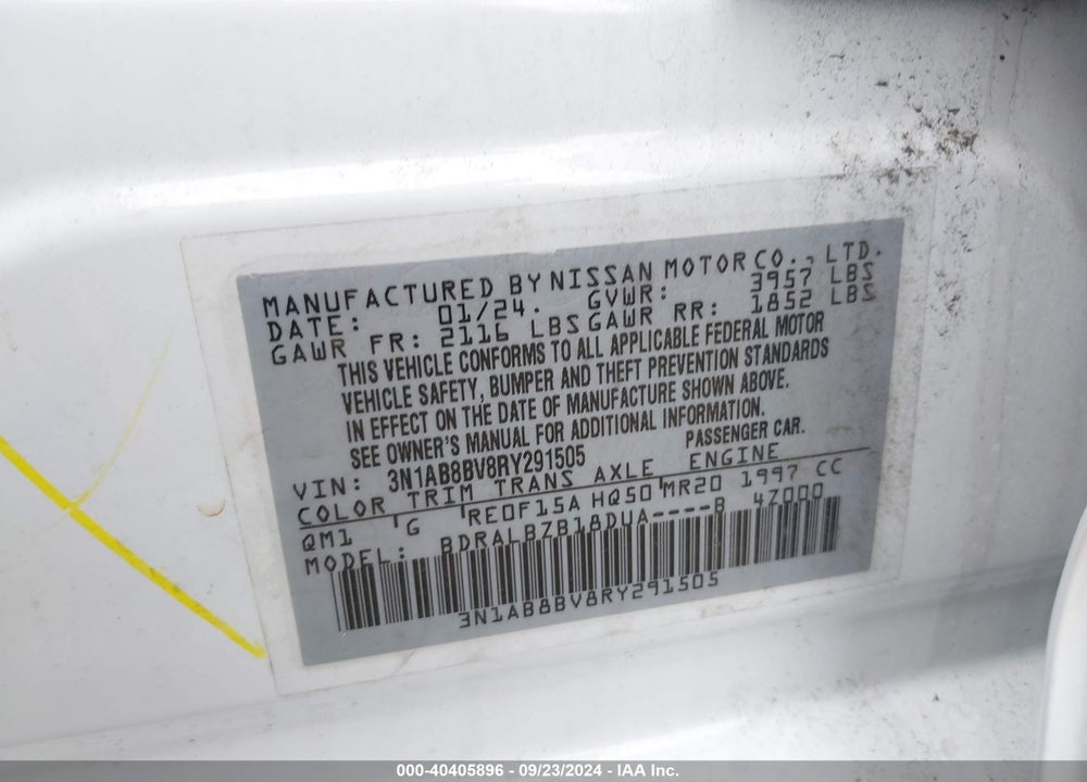 2024 NISSAN SENTRA S XTRONIC CVT VIN: 3N1AB8BV8RY291505
