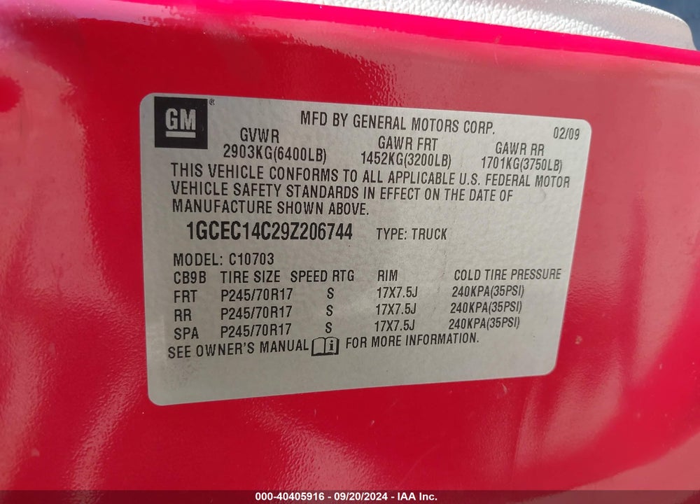 2009 CHEVROLET SILVERADO 1500 WORK TRUCK VIN: 1GCEC14C29Z206744