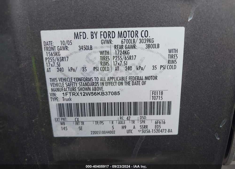 2006 FORD F-150 STX/XL/XLT VIN: 1FTRX12W56KB37085