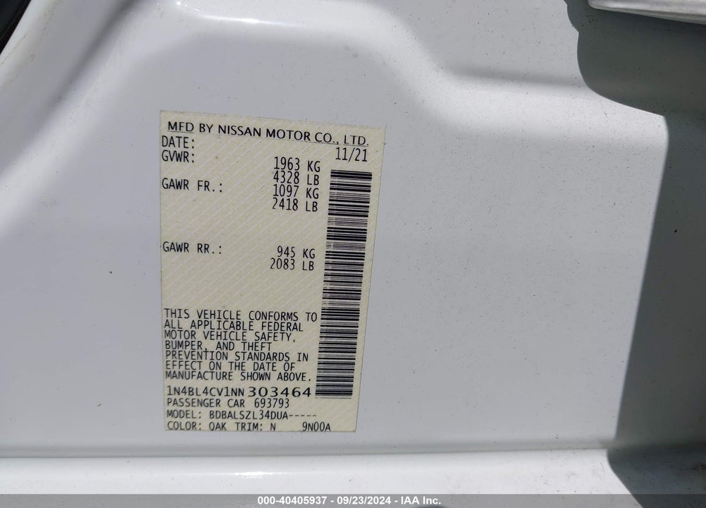 2022 NISSAN ALTIMA SR FWD VIN: 1N4BL4CV1NN303464