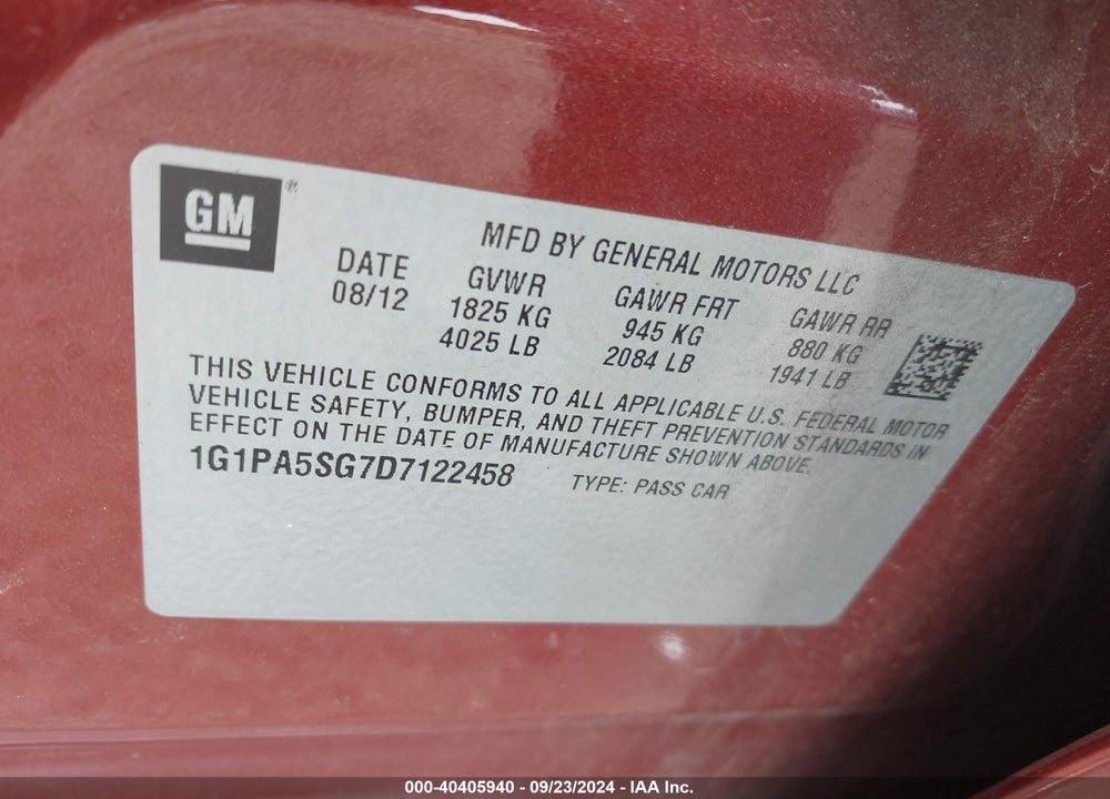 2013 CHEVROLET CRUZE LS AUTO VIN: 1G1PA5SG7D7122458