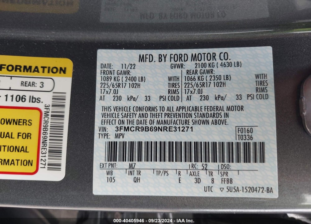 2022 FORD BRONCO SPORT BIG BEND VIN: 3FMCR9B69NRE31271