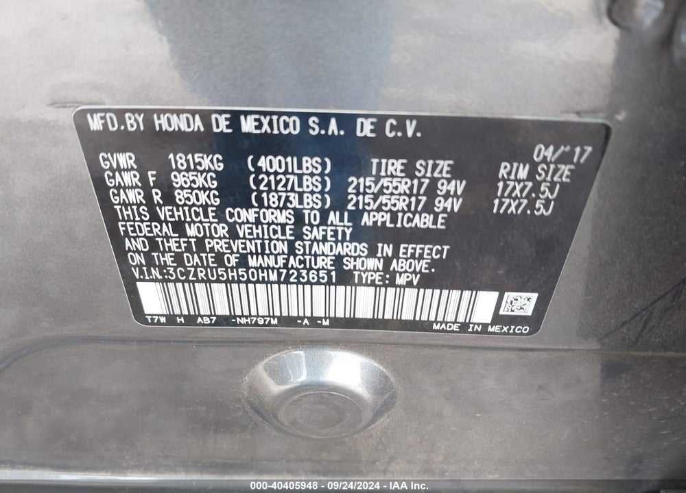 2017 HONDA HR-V EX VIN: 3CZRU5H50HM723651
