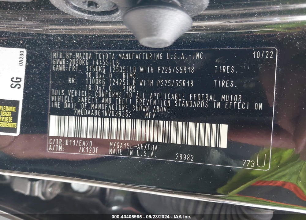 2022 TOYOTA COROLLA CROSS XLE VIN: 7MUDAABG1NV038362