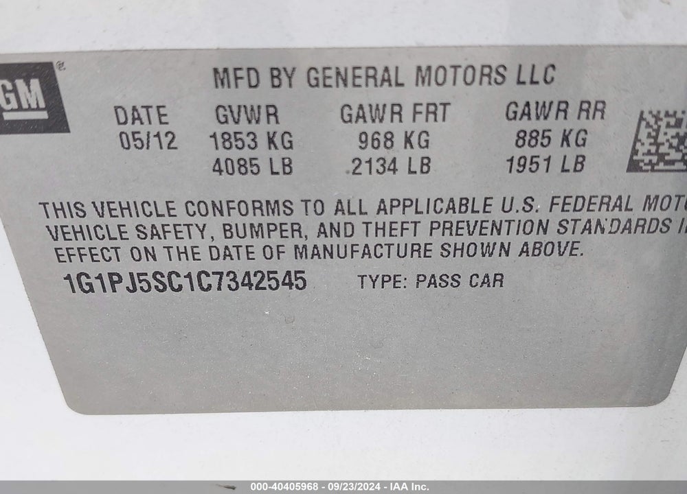 2012 CHEVROLET CRUZE ECO VIN: 1G1PJ5SC1C7342545