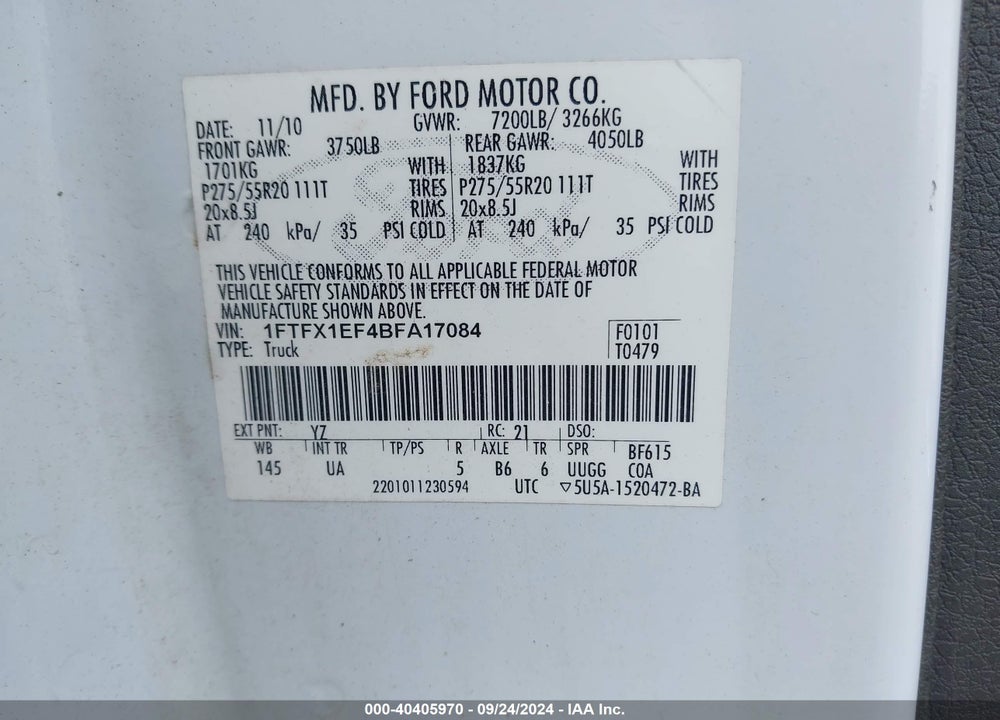 2011 FORD F-150 XLT VIN: 1FTFX1EF4BFA17084