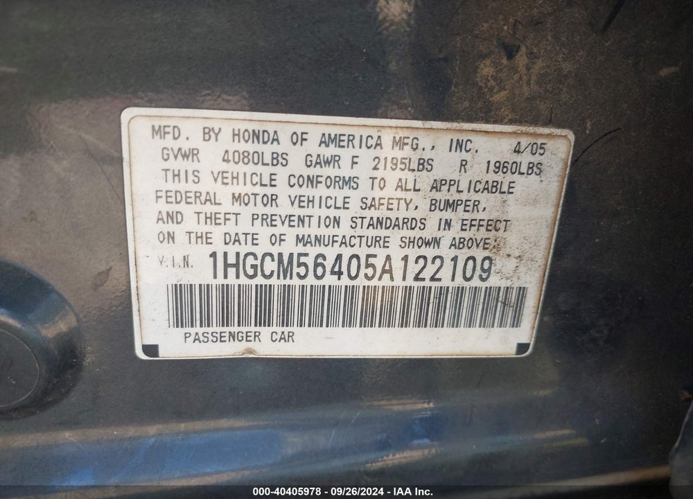 2005 HONDA ACCORD 2.4 LX VIN: 1HGCM56405A122109