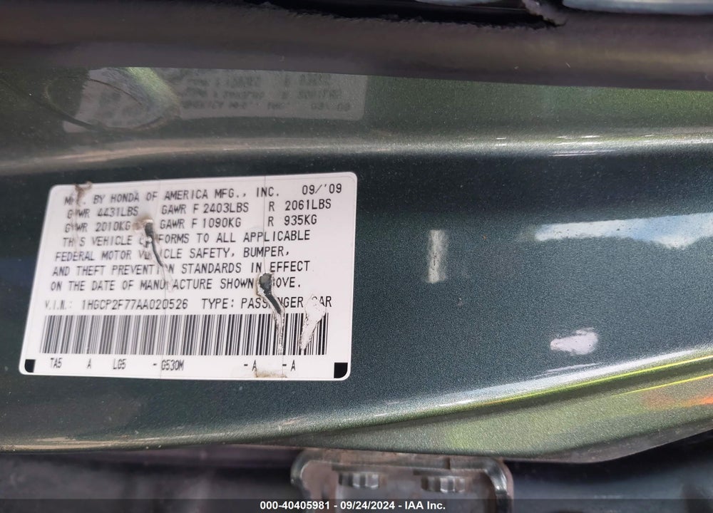 2010 HONDA ACCORD 2.4 EX VIN: 1HGCP2F77AA020526