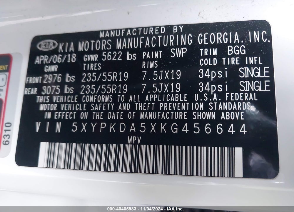 2019 KIA SORENTO 3.3L SX VIN: 5XYPKDA5XKG456644