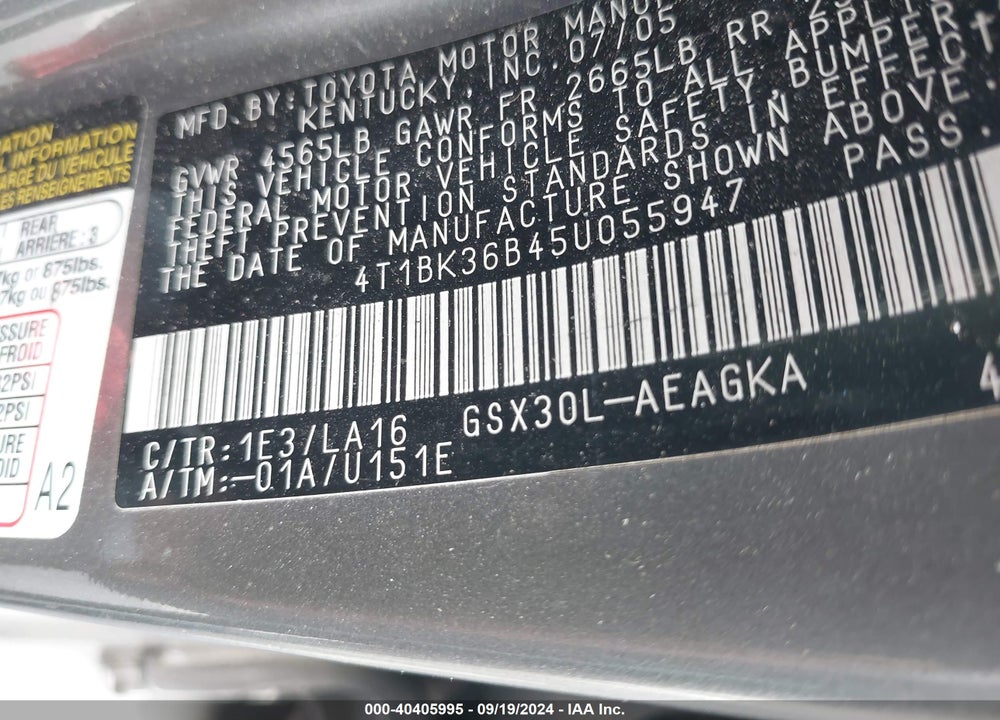 2005 TOYOTA AVALON XLS VIN: 4T1BK36B45U055947