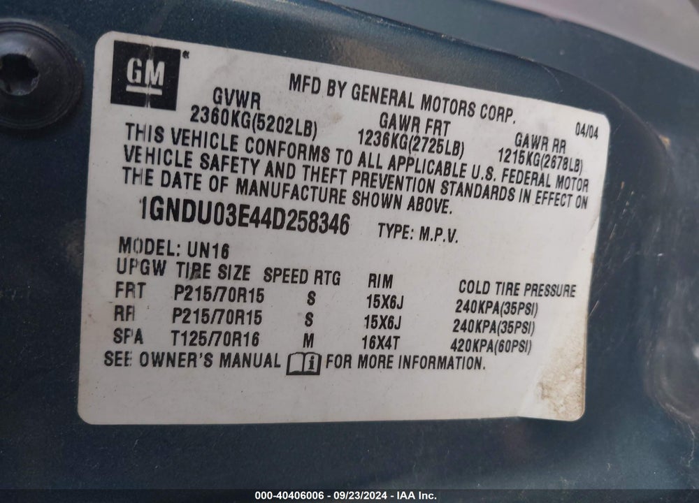 2004 CHEVROLET VENTURE PLUS VIN: 1GNDU03E44D258346
