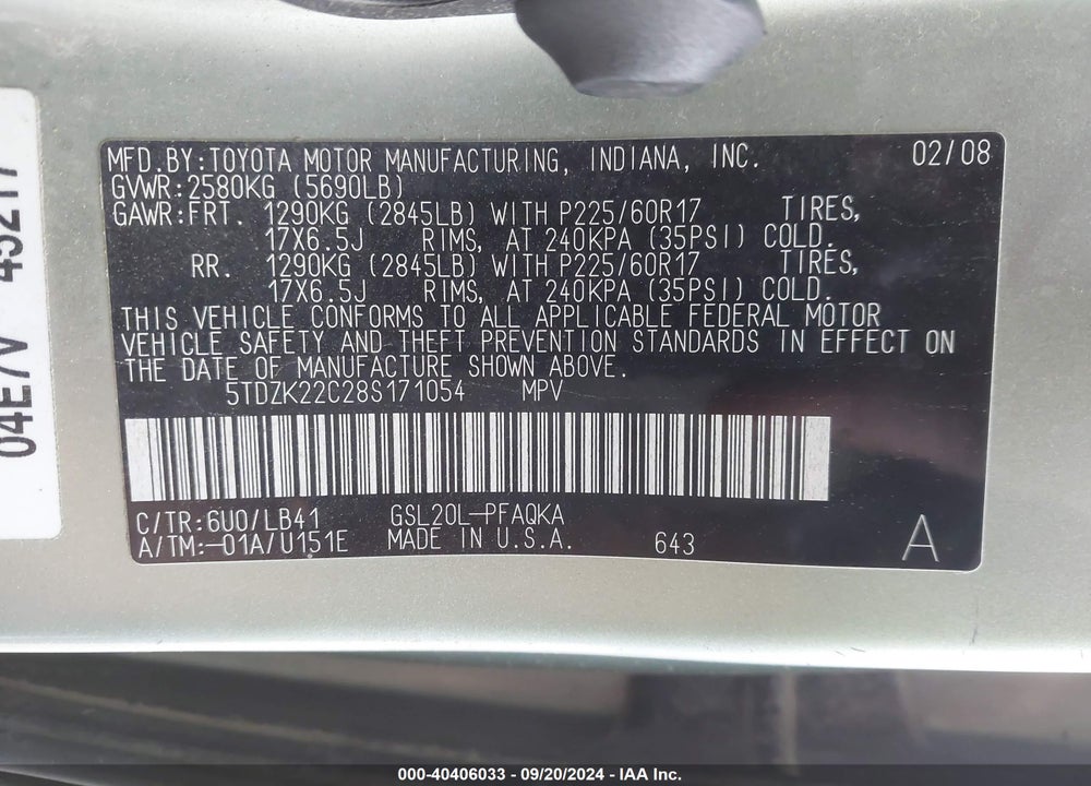 2008 TOYOTA SIENNA XLE VIN: 5TDZK22C28S171054