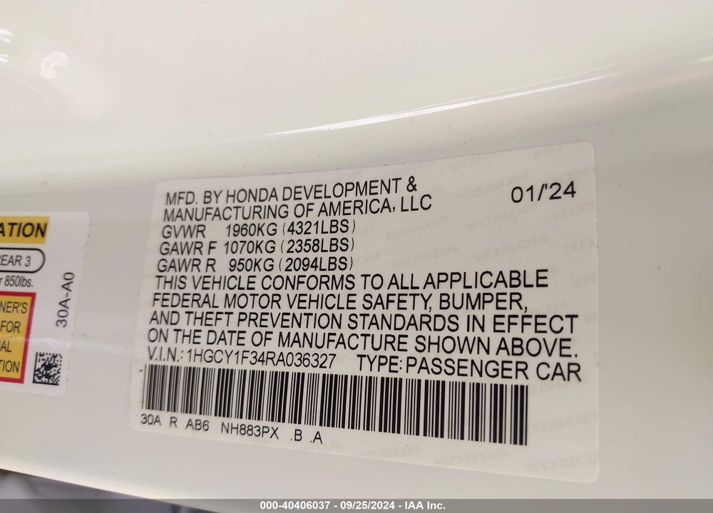 2024 HONDA ACCORD EX VIN: 1HGCY1F34RA036327