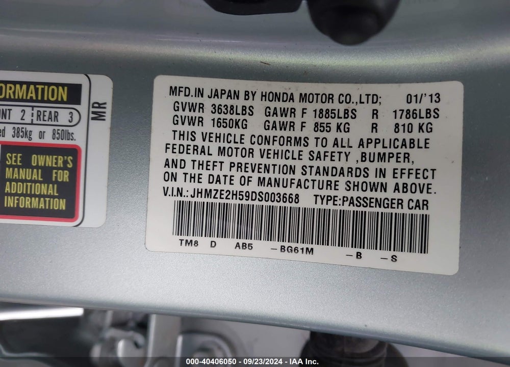2013 HONDA INSIGHT LX VIN: JHMZE2H59DS003668