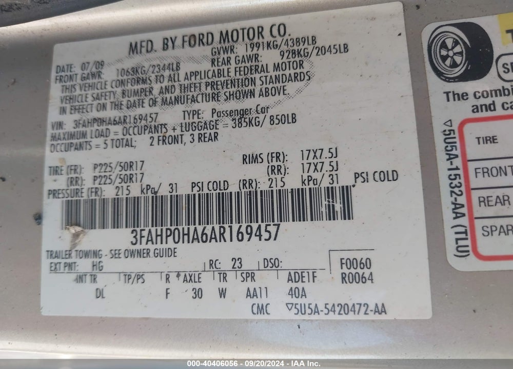 2010 FORD FUSION SE VIN: 3FAHP0HA6AR169457