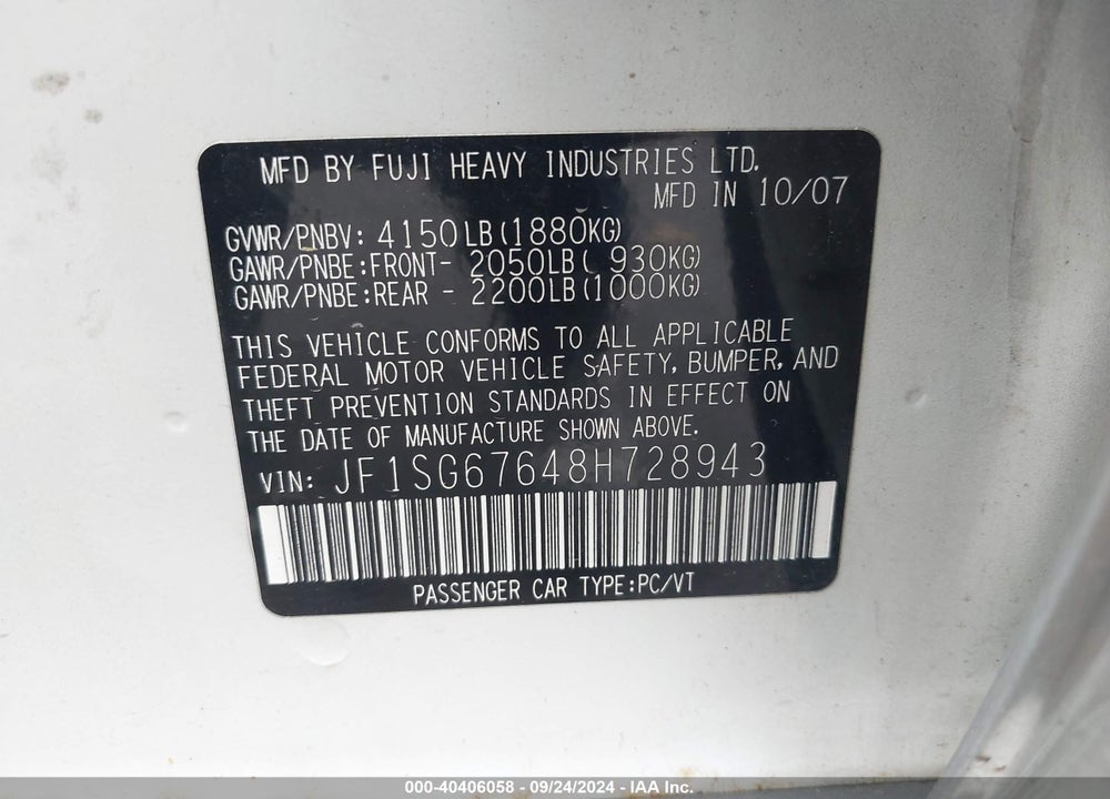 2008 SUBARU FORESTER 2.5X L.L. BEAN EDITION VIN: JF1SG67648H728943