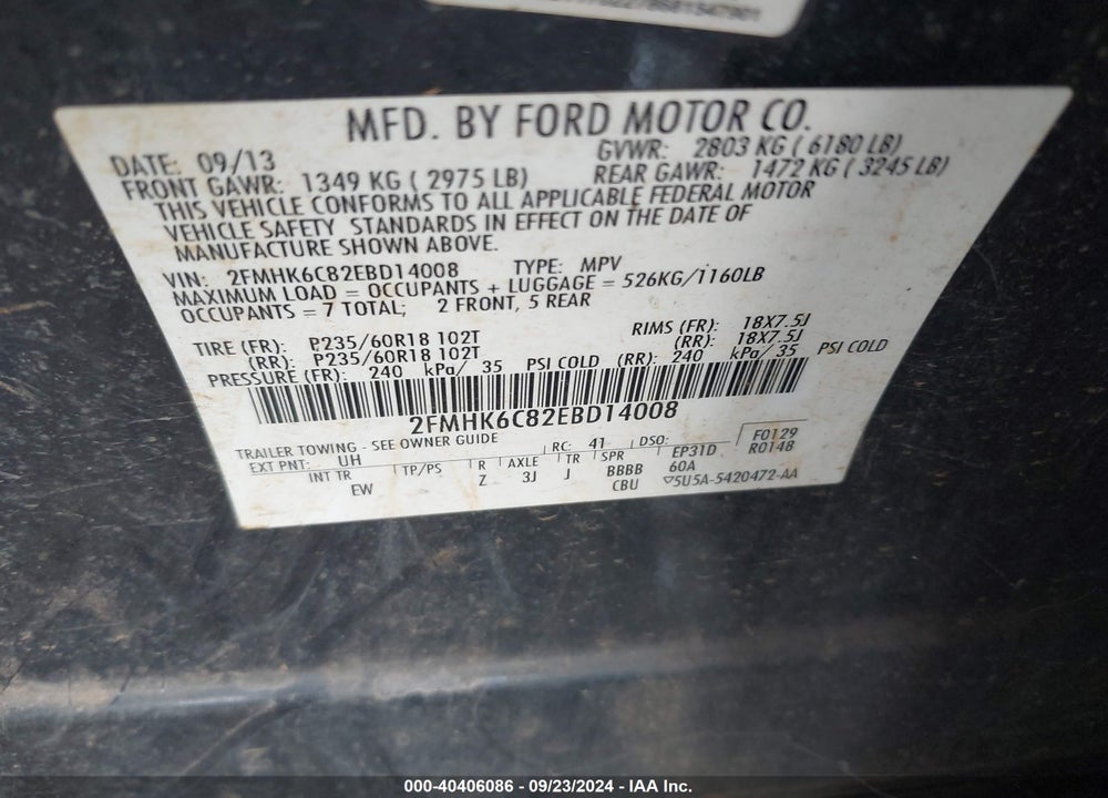 2014 FORD FLEX SEL VIN: 2FMHK6C82EBD14008