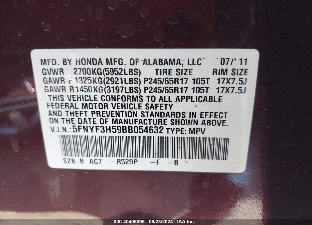2011 HONDA PILOT EX-L VIN: 5FNYF3H59BB054632