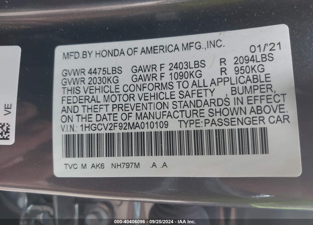2021 HONDA ACCORD VIN: 1HGCV2F92MA010109
