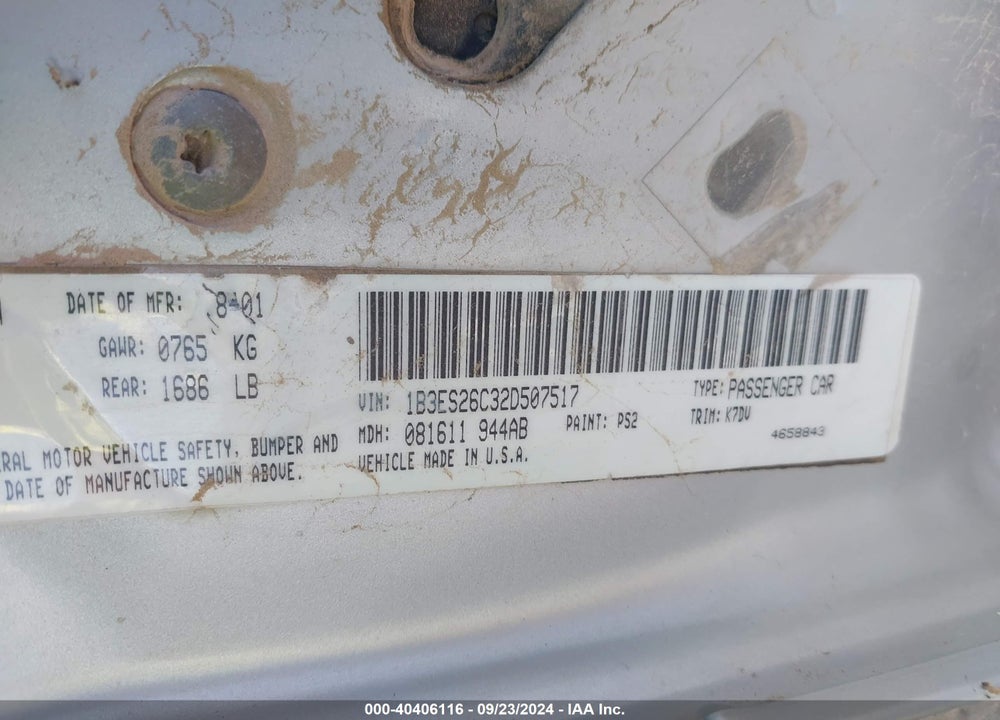 2002 DODGE NEON VIN: 1B3ES26C32D507517