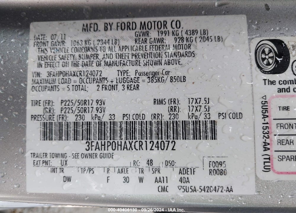 2012 FORD FUSION SE VIN: 3FAHP0HAXCR124072
