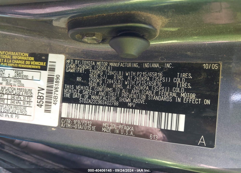 2006 TOYOTA SIENNA XLE VIN: 5TDZA22C96S402788