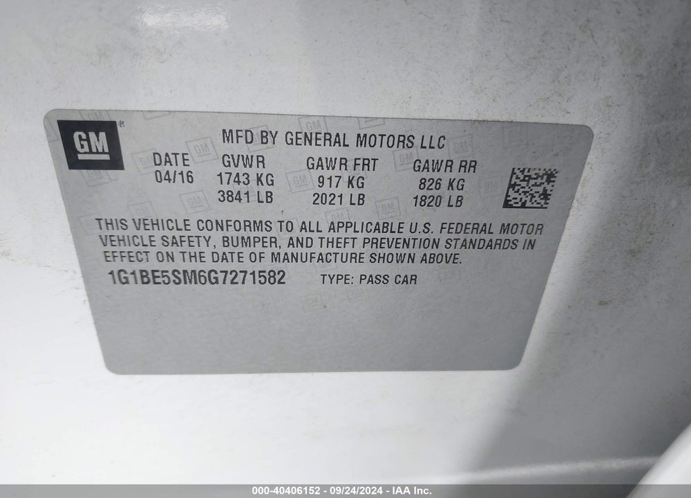 2016 CHEVROLET CRUZE LT AUTO VIN: 1G1BE5SM6G7271582