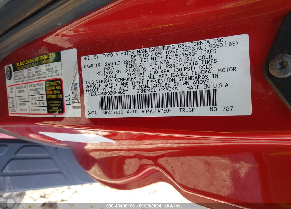 2009 TOYOTA TACOMA BASE V6 VIN: 5TEUU42NX9Z659657