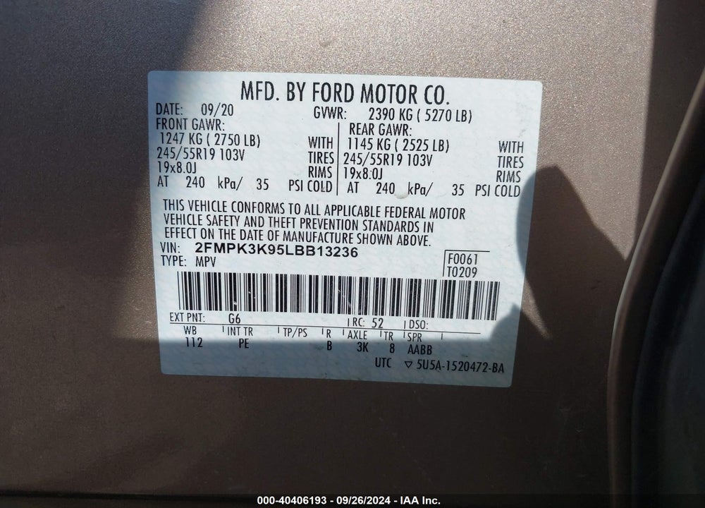 2020 FORD EDGE TITANIUM VIN: 2FMPK3K95LBB13236
