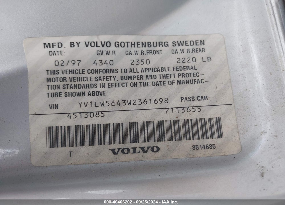 1998 VOLVO V70 GLT VIN: YV1LW5643W2361698