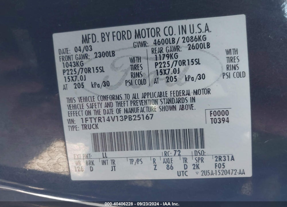 2003 FORD RANGER EDGE/TREMOR/XL/XLT VIN: 1FTYR14V13PB25167