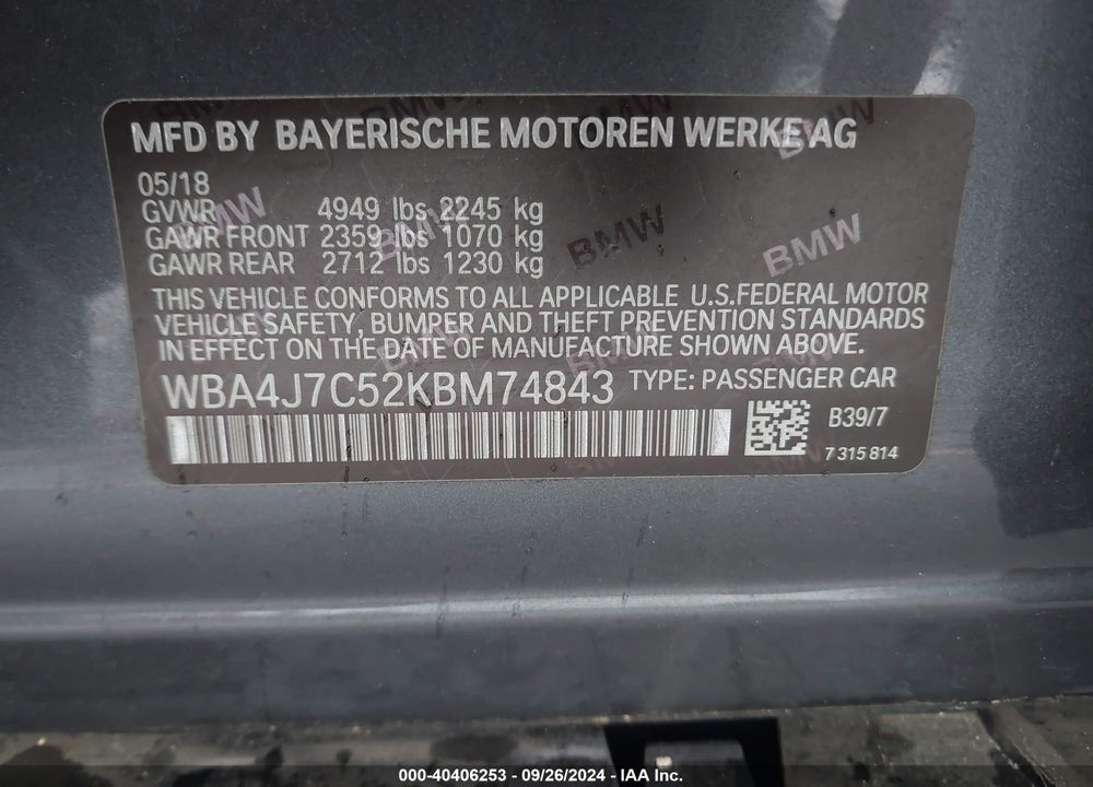 2019 BMW 440I GRAN COUPE XDRIVE VIN: WBA4J7C52KBM74843