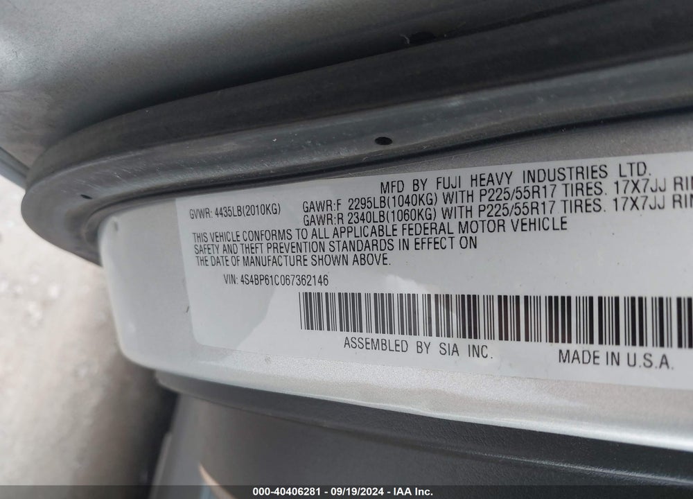 2006 SUBARU OUTBACK 2.5I VIN: 4S4BP61C067362146