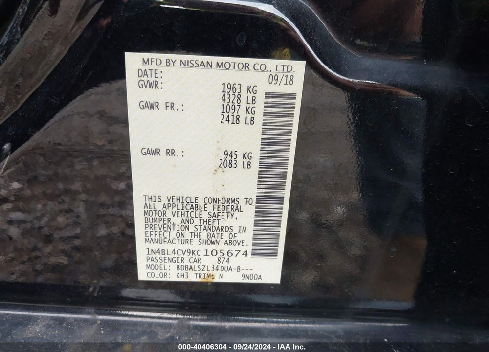 2019 NISSAN ALTIMA 2.5 SR VIN: 1N4BL4CV9KC105674