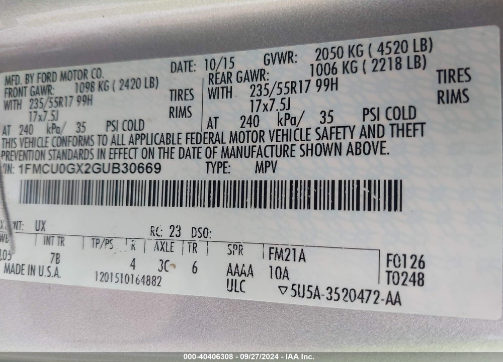 2016 FORD ESCAPE VIN: 1FMCU0GX2GUB30669