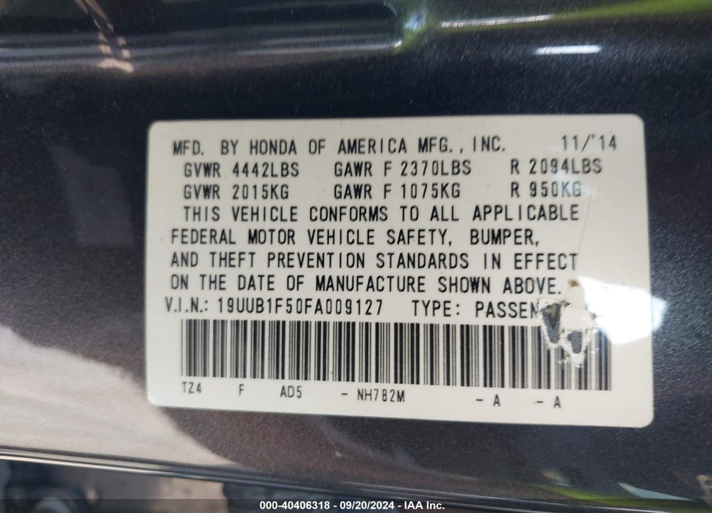 2015 ACURA TLX TECH VIN: 19UUB1F50FA009127
