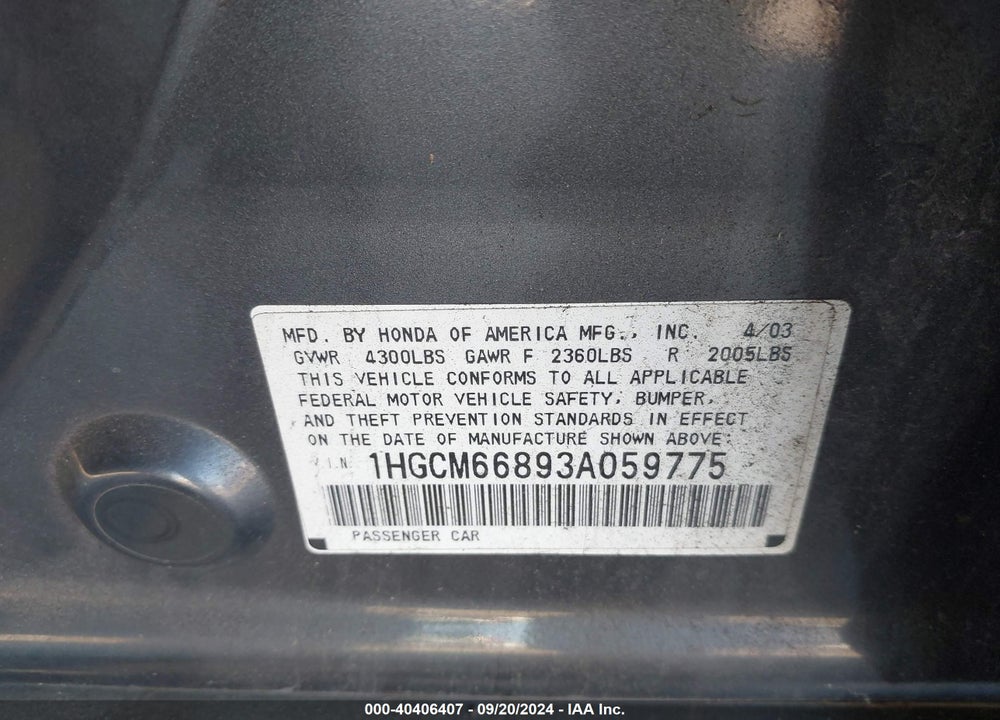 2003 HONDA ACCORD 3.0 EX VIN: 1HGCM66893A059775