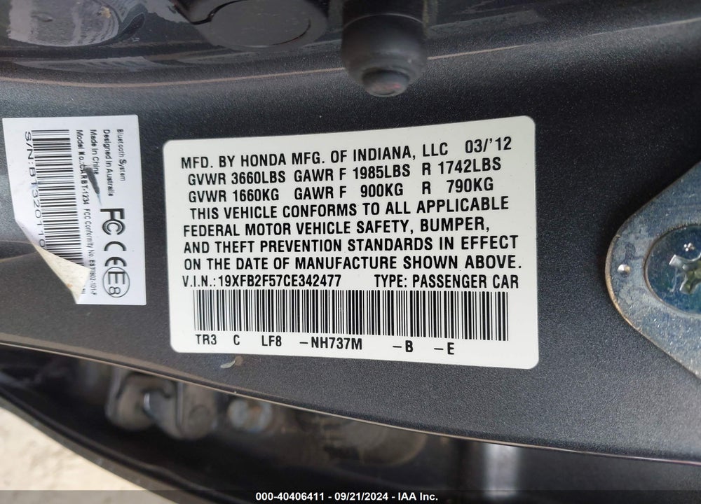 2012 HONDA CIVIC LX VIN: 19XFB2F57CE342477