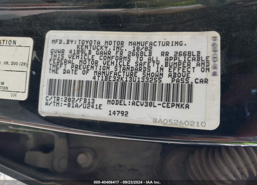 2003 TOYOTA CAMRY LE VIN: 4T1BE32K13U133255