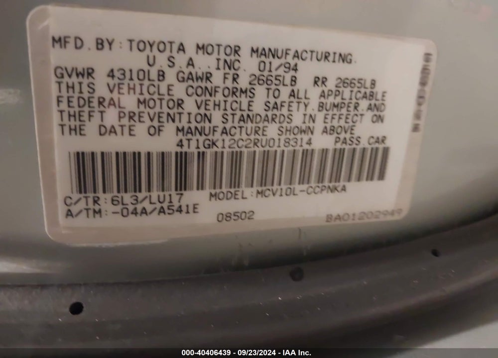 1994 TOYOTA CAMRY LE VIN: 4T1GK12C2RU018314