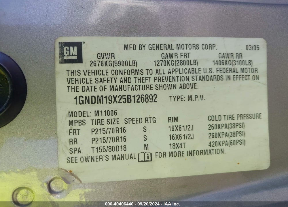 2005 CHEVROLET ASTRO VIN: 1GNDM19X25B126892