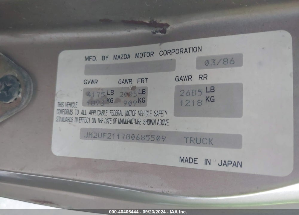 1986 MAZDA B2000 LONG BED VIN: JM2UF2117G0685509